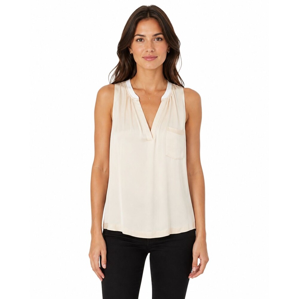 Vince 100% Silk Top Women Size XS Ivory Sleeveless Pocket Contrast Collar V-neck